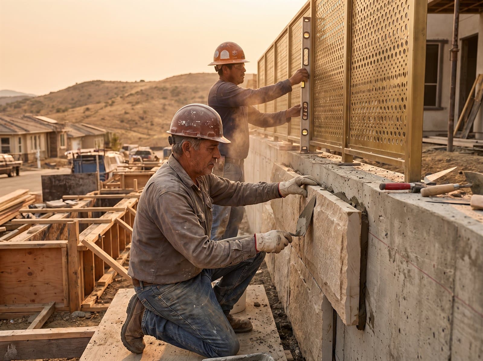 Craftspeople fitting stone cladding on a Shree Realty site