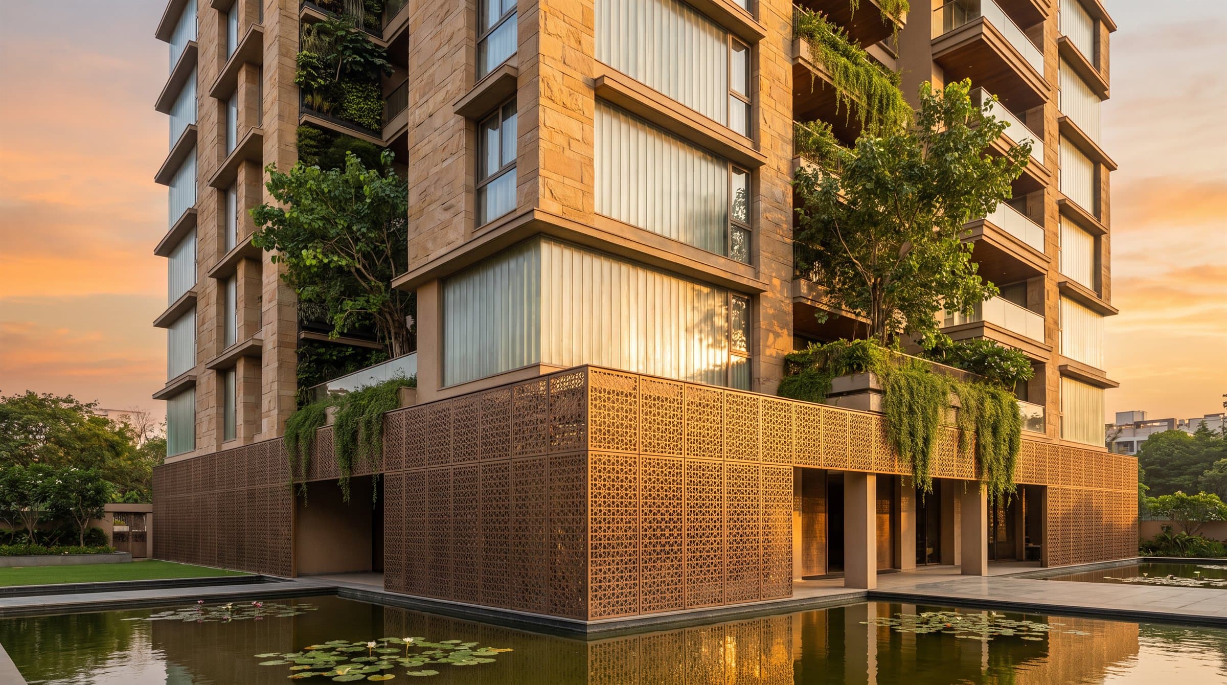 Shree Ananda at golden hour, a stone-clad residential tower wrapped in a bronze jali screen