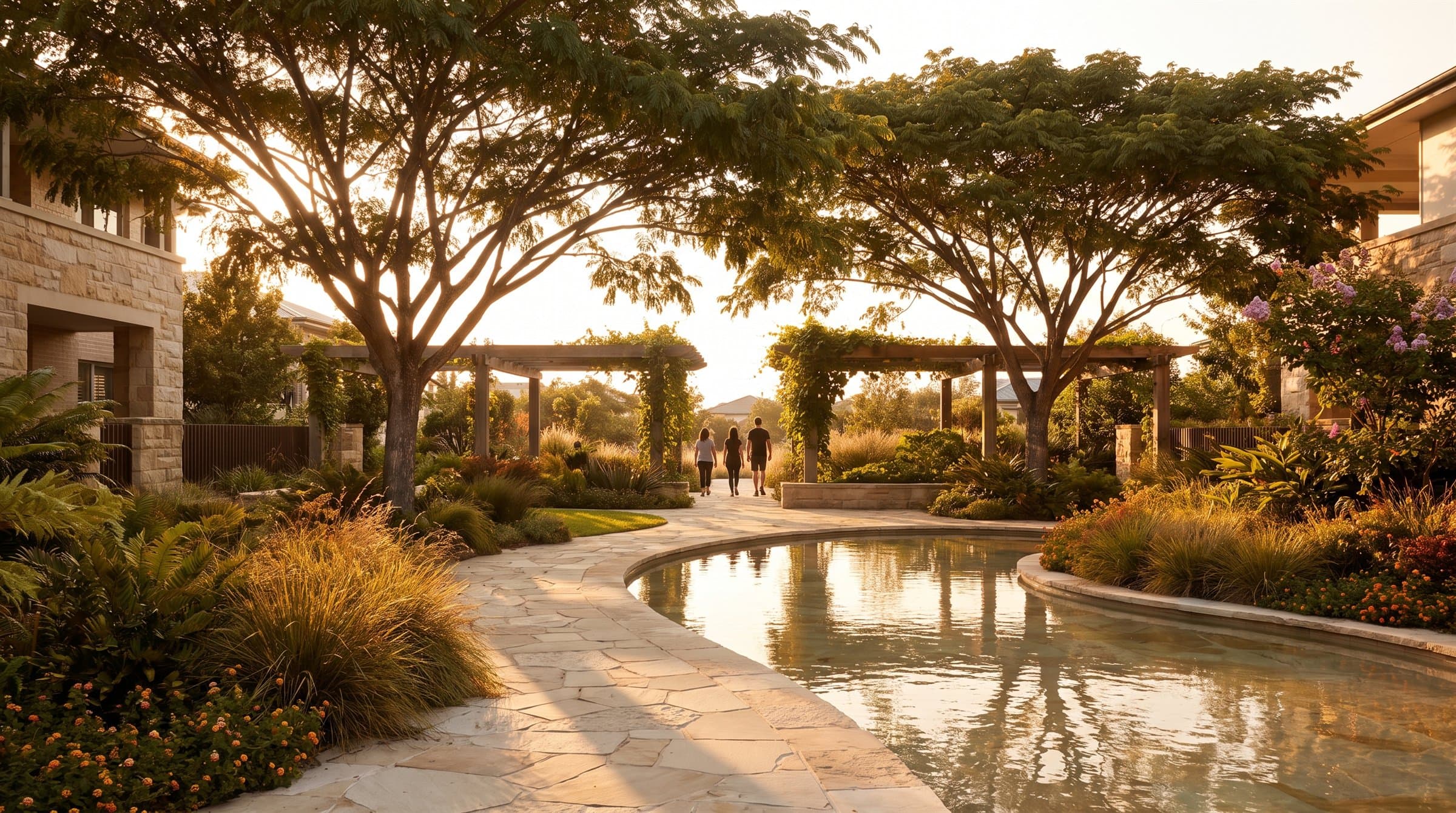 A landscaped residential courtyard at golden hour